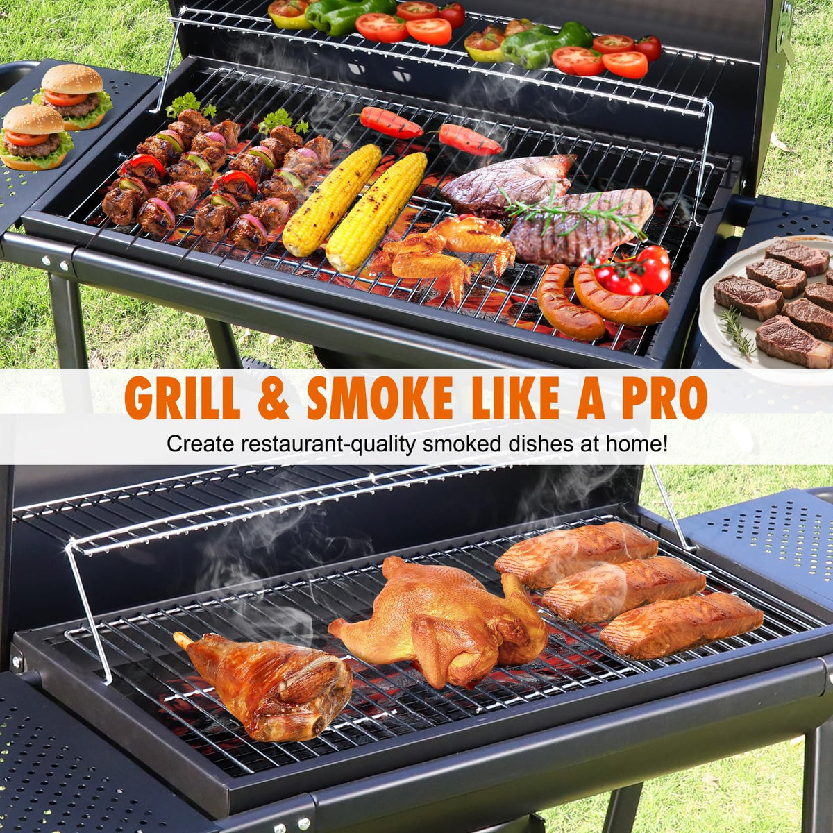 Realcook BBQ Barrel Charcoal Grill expansive cooking area supports group meals