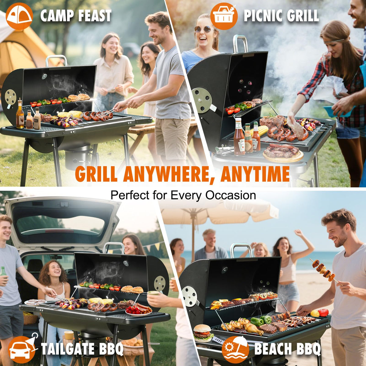 Realcook BBQ Barrel Charcoal Grill in use on a sunny patio