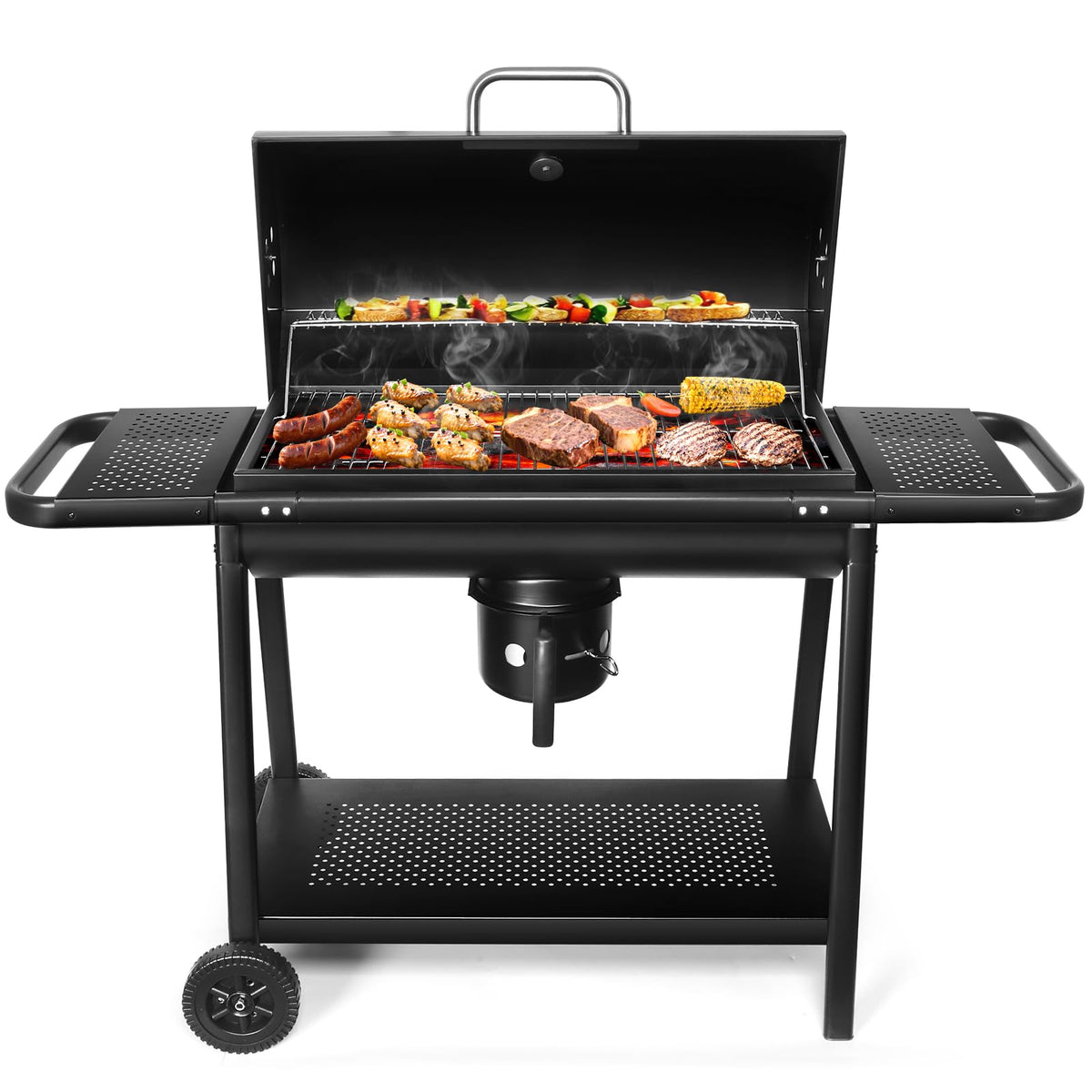 Realcook BBQ Barrel Charcoal Grill with side tables for convenient prep in backyards