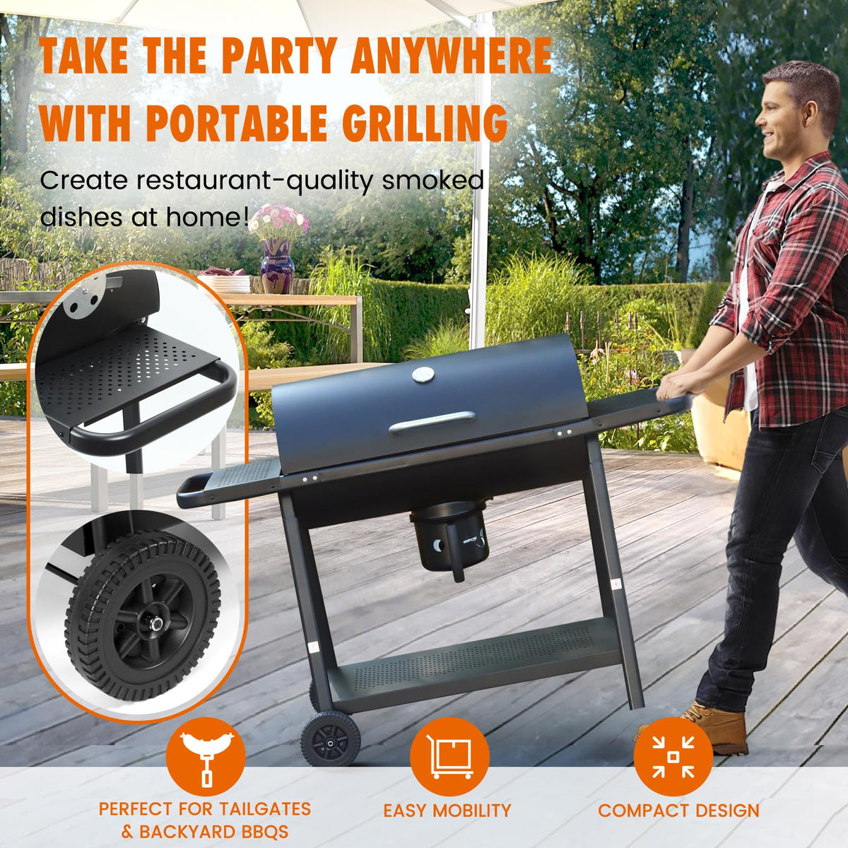 Realcook BBQ Barrel Charcoal Grill wagon wheels enable easy transport