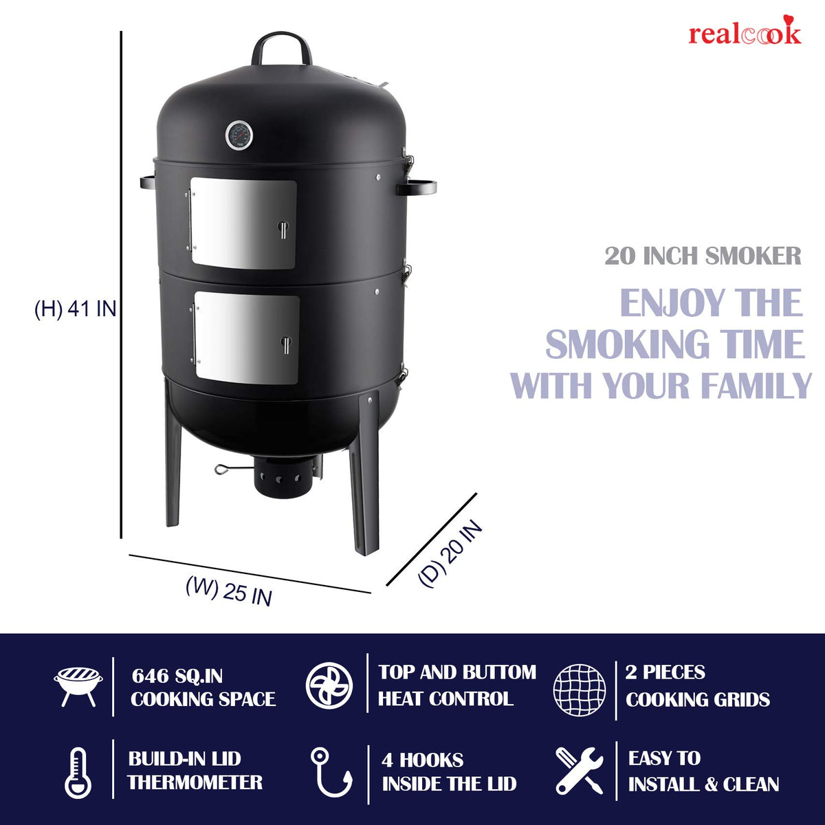 Realcook smoker thermometer dial shows accurate heat for smoking