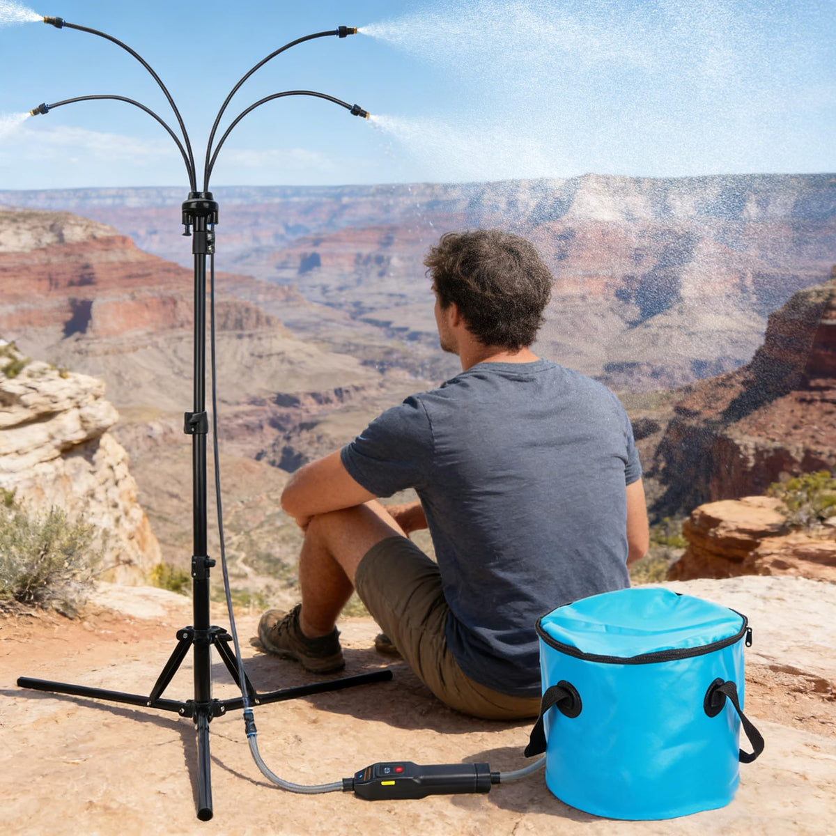 REALDOOGYMX portable misting system suitable for patios, decks, and lawns