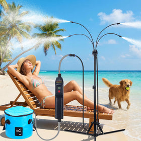 REALDOOGYMX standing mister on patio delivering refreshing outdoor cooling
