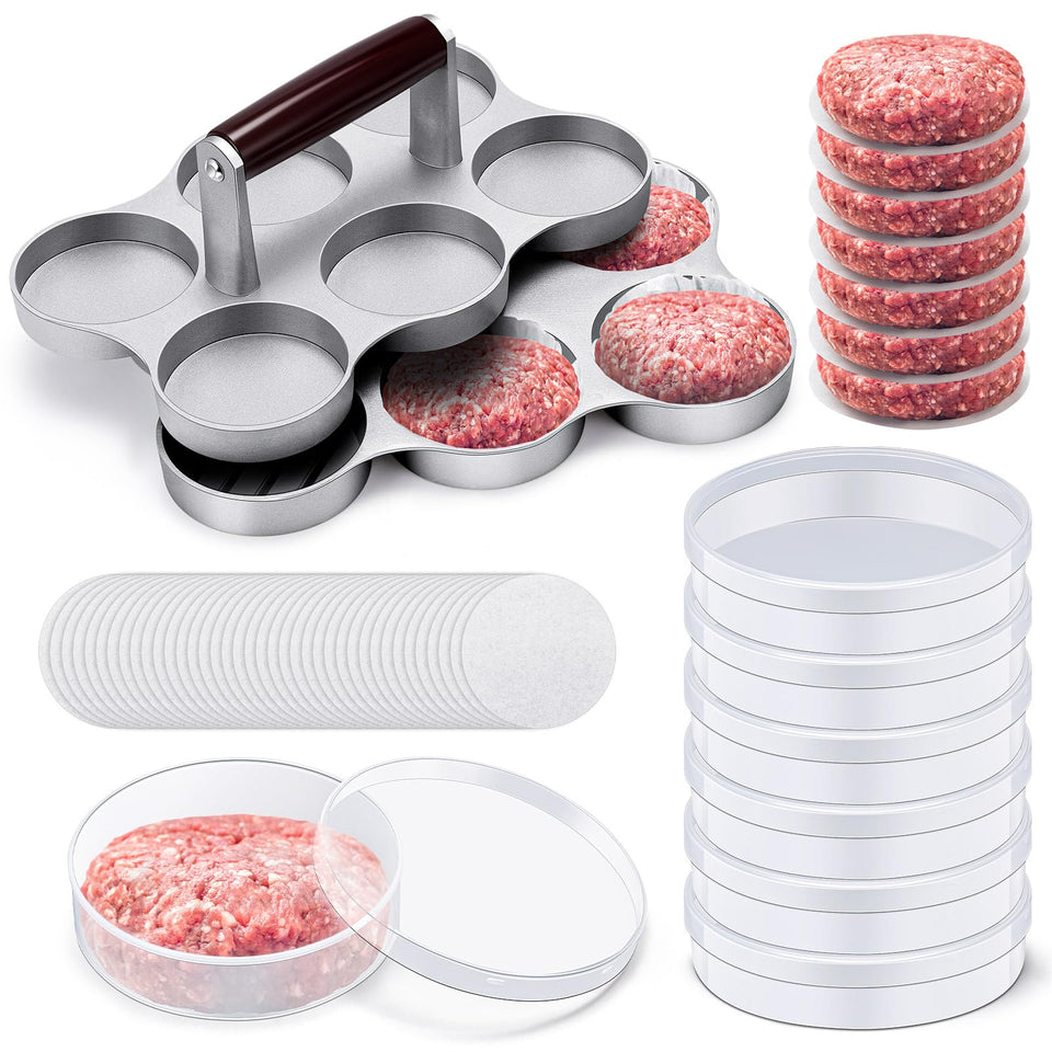 Reallnaive mini burger press with six slots for uniform slider patties.