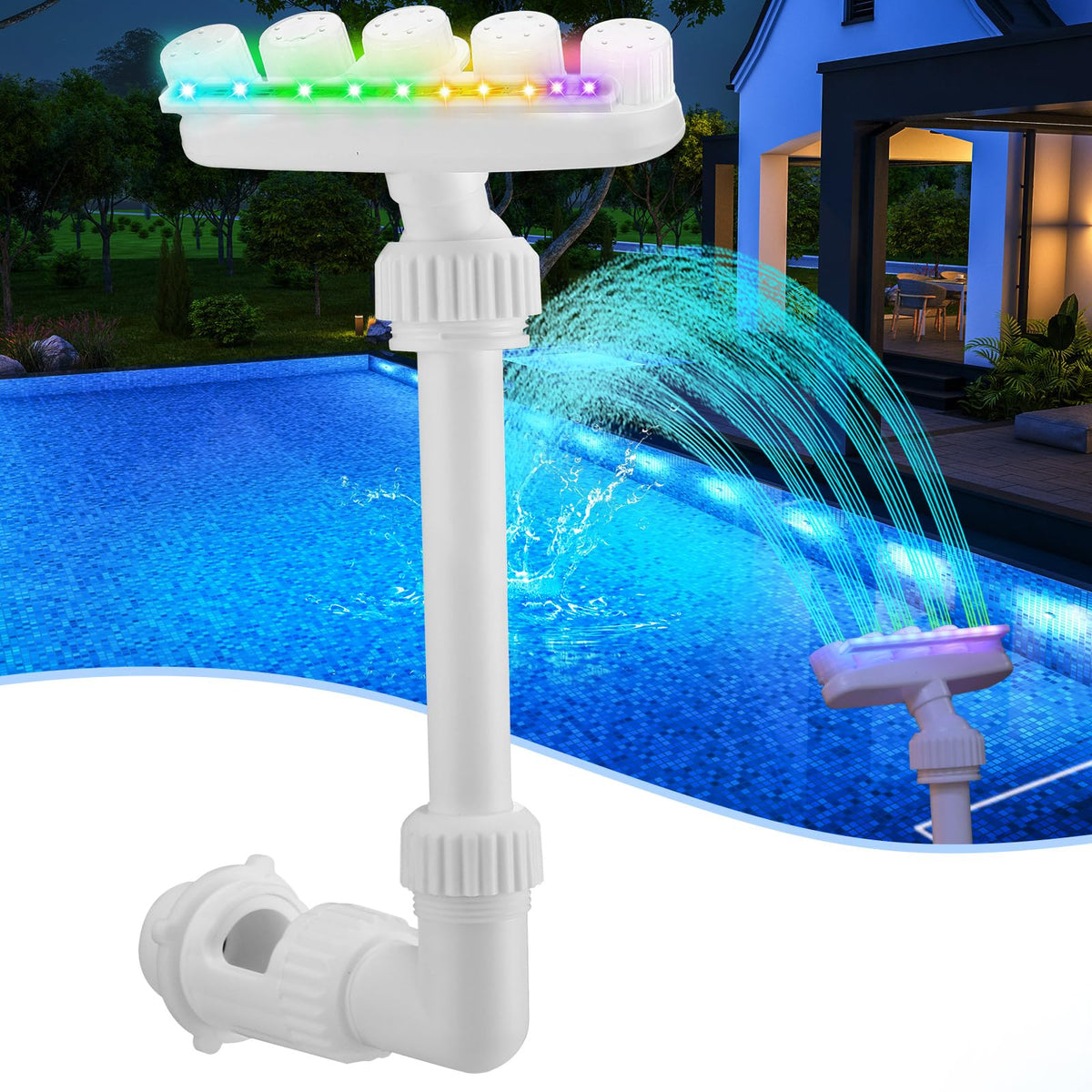Reallnaive solar pool fountain display shows vibrant water arcs for nighttime ambiance.