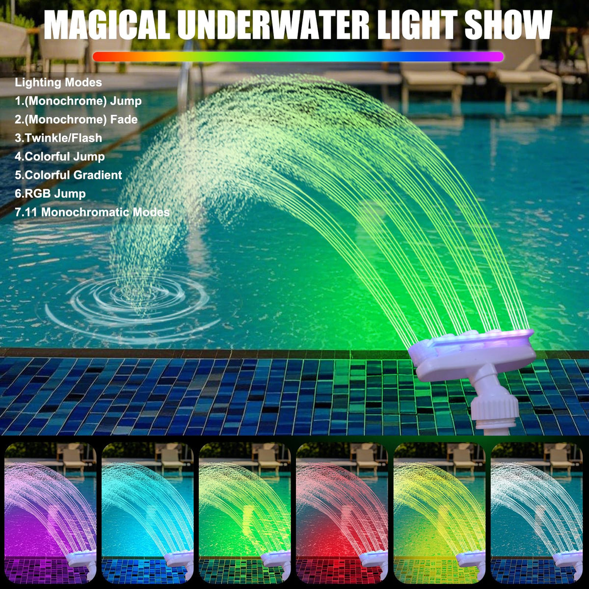 Reallnaive LED lighting modes provide colorful, customizable pool illumination.