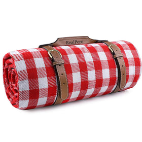 RealPero extra-large picnic blanket in red plaid, waterproof and sandproof for outdoor use.