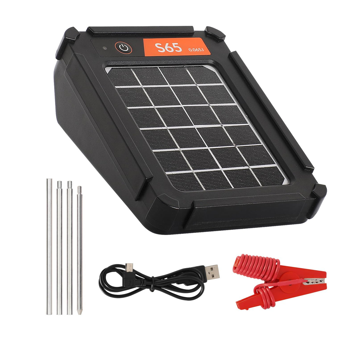 Realpoultry S65 solar fence charger front view showing compact design for home use.