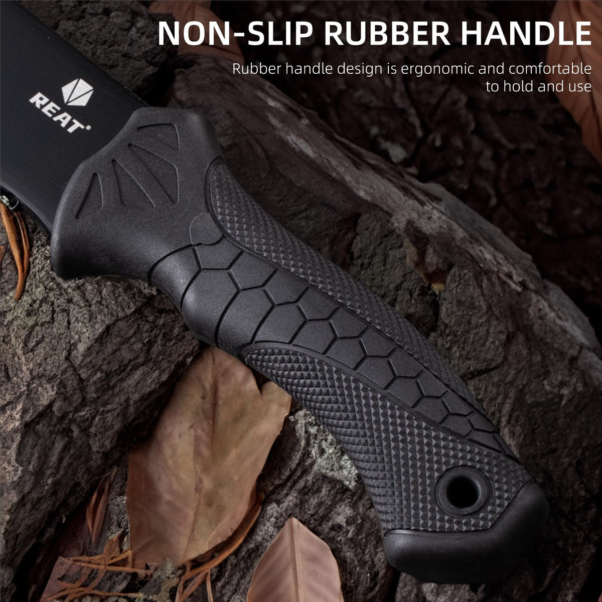 Non-slip rubber handle on REAT machete gives secure grip during yard work.