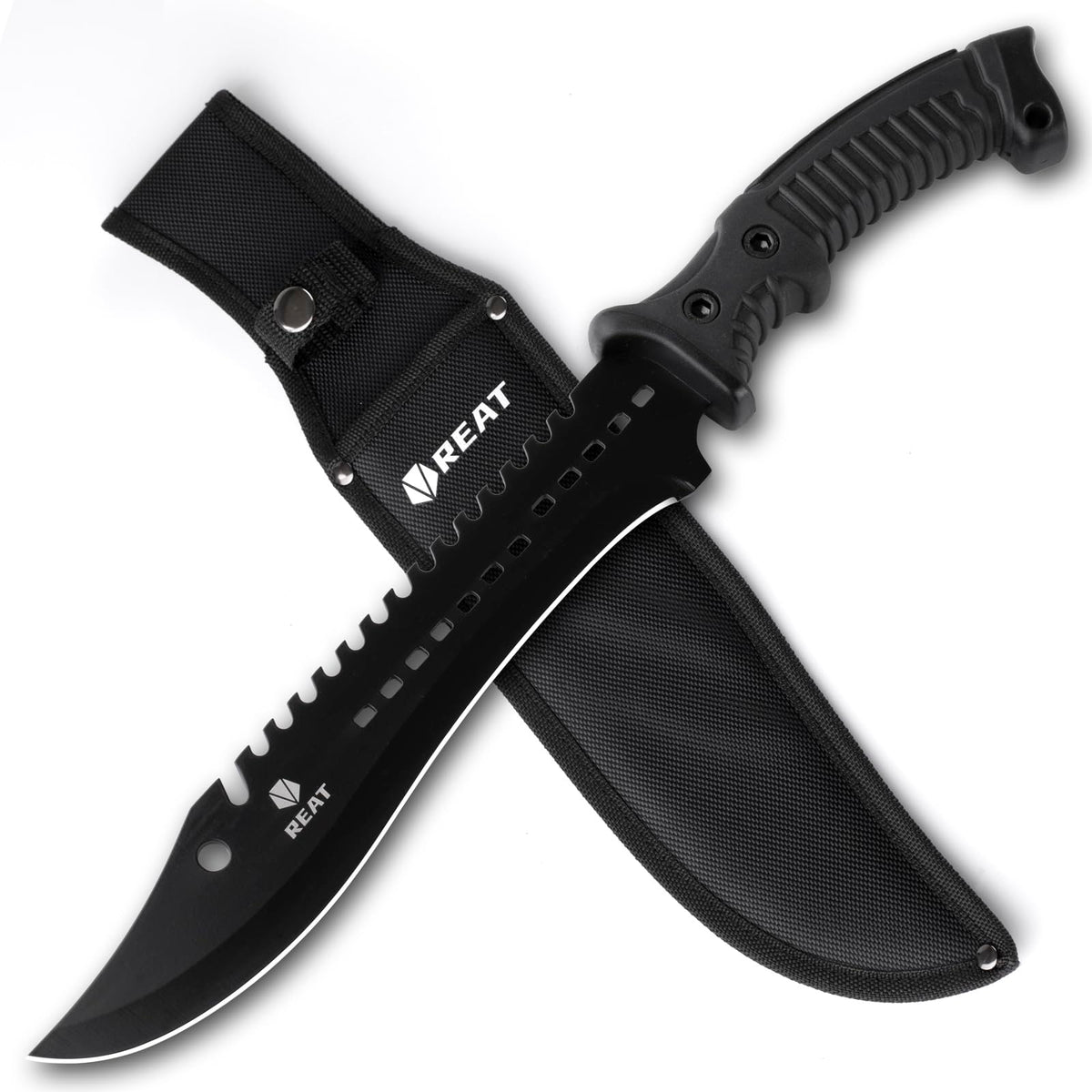 REAT Machete with Shaeth: 15-inch blade close-up for tough, durable cutting.