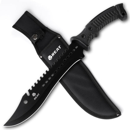 REAT Machete with Shaeth: 15-inch blade close-up for tough, durable cutting.