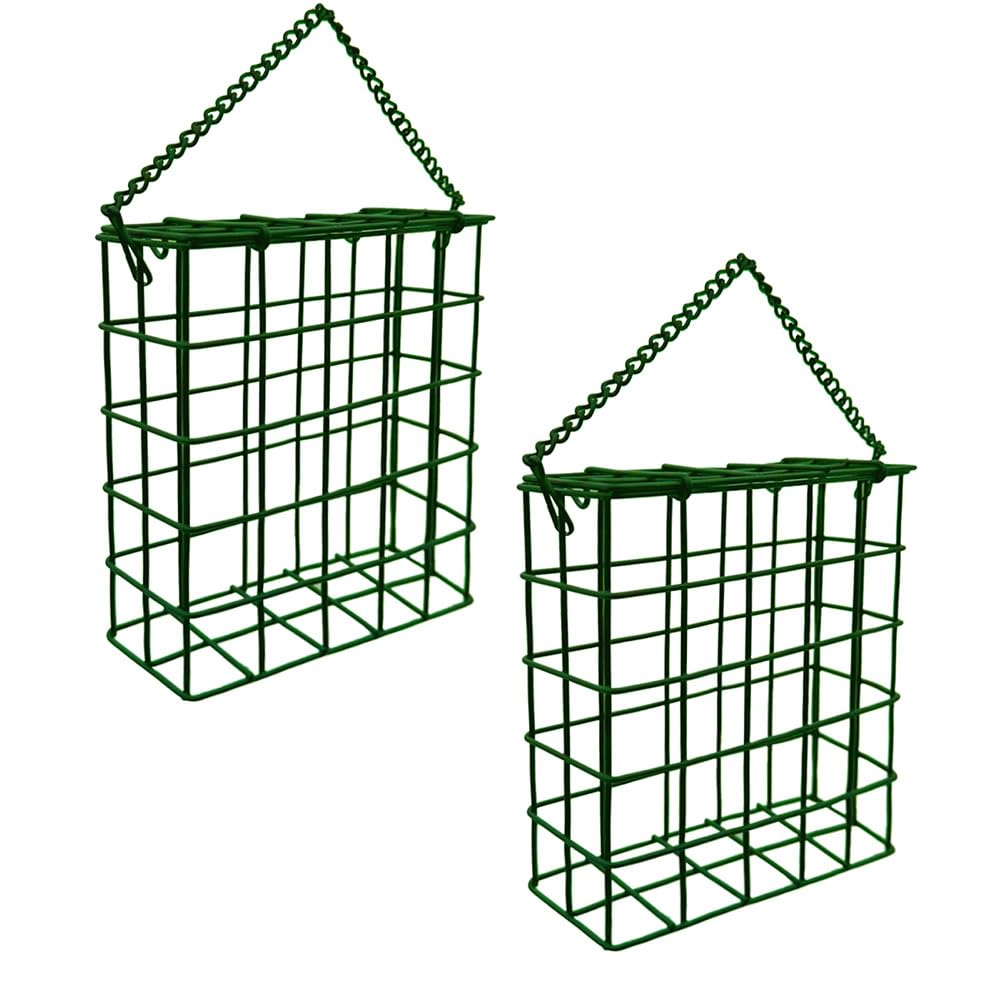 Rebecca Online suet cake bird feeder hanging in green attracts songbirds and woodpeckers