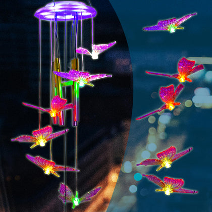Recall the Past outdoor solar wind chime in purple butterfly, soothing garden ambiance.