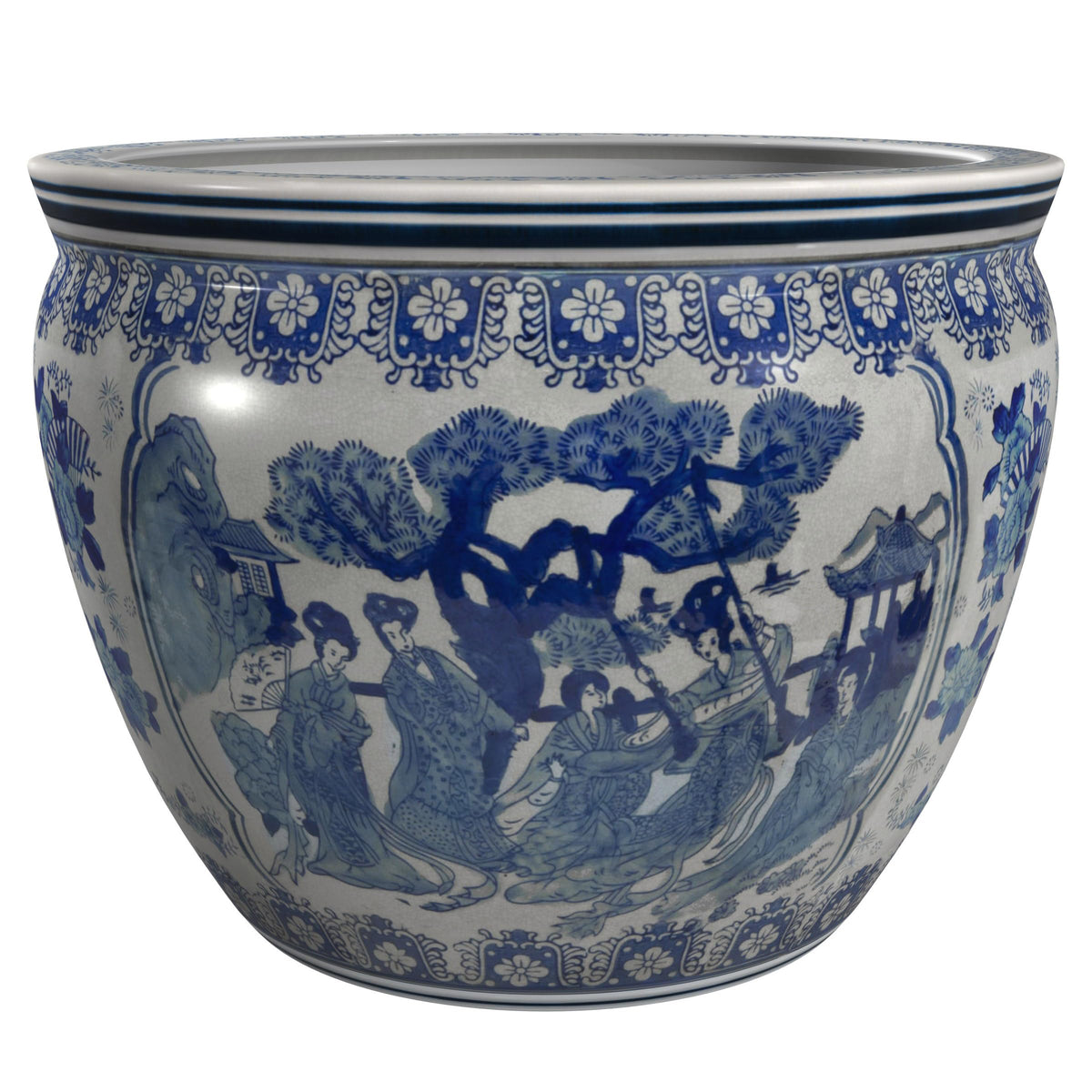 Red Lantern 12-inch blue and white porcelain fishbowl planter top view ideal for lush arrangements