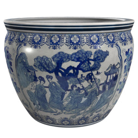 Red Lantern 12-inch blue and white porcelain fishbowl planter top view ideal for lush arrangements