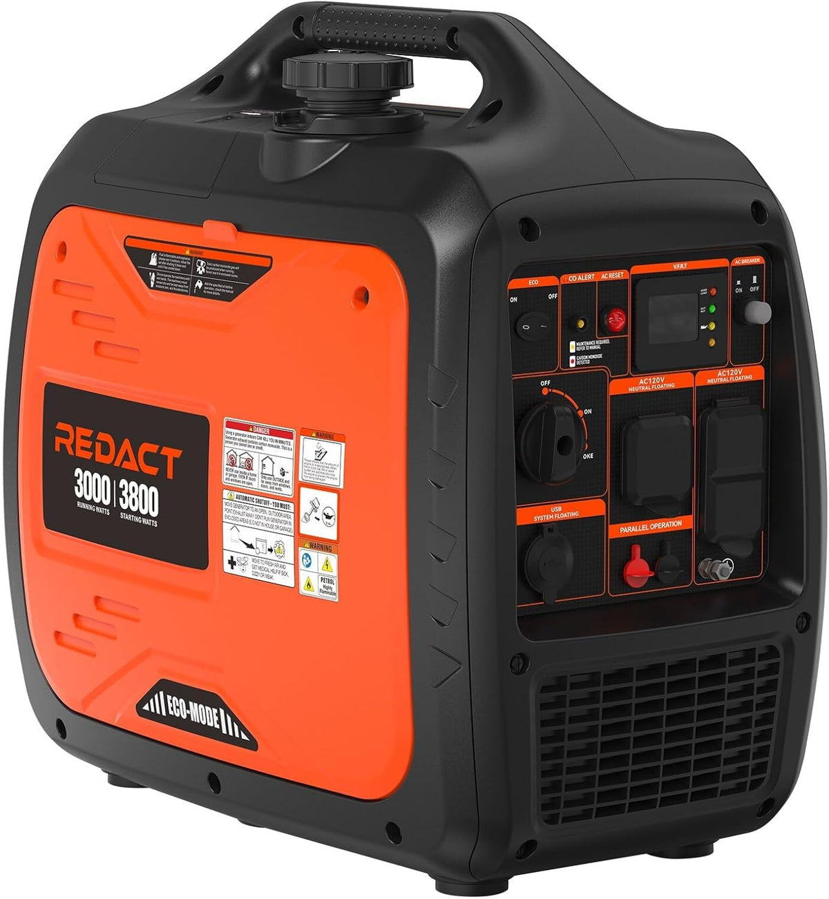 Redact 3800W portable inverter generator front view powering essentials reliably