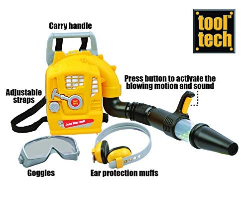 Child wearing Redbox Power Backpack Leaf Blower during imaginative garden tasks