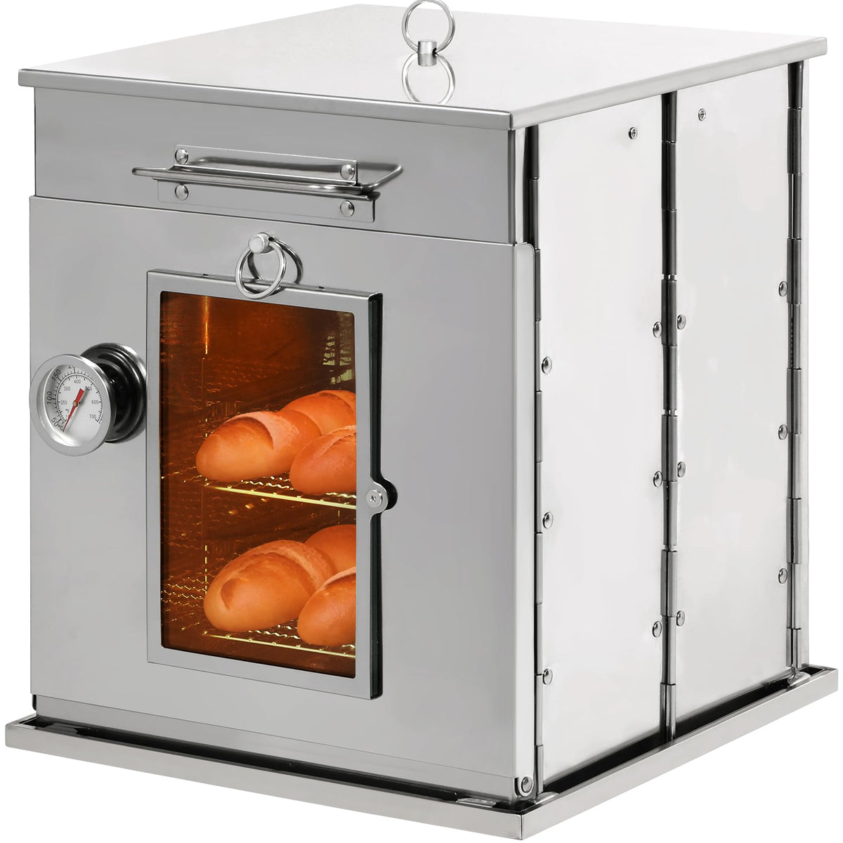 REDCAMP folding oven side view shows sturdy stainless steel build for outdoor cooking
