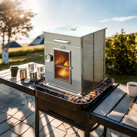 REDCAMP folding oven top view emphasizes open interior for two-tier grilling