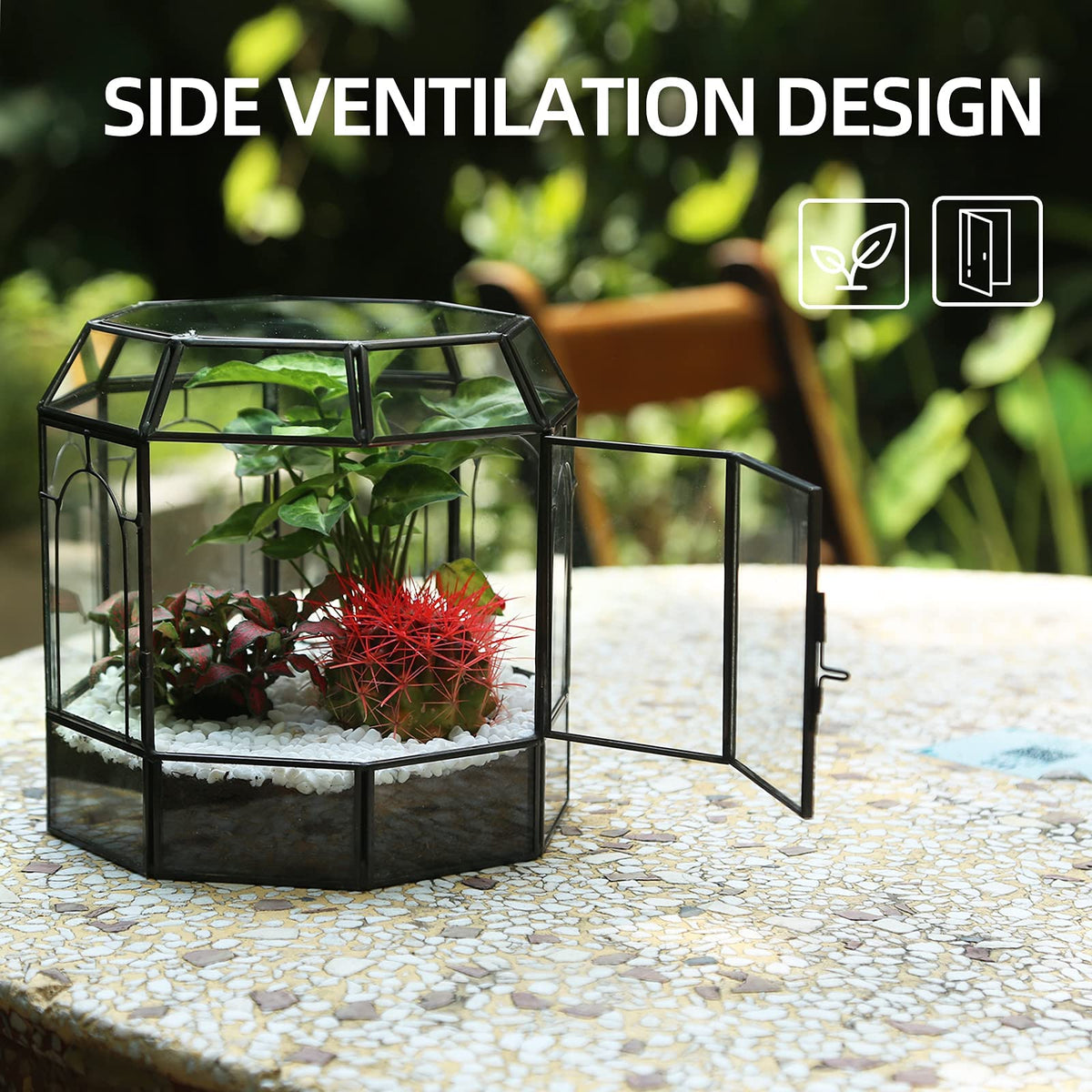 Redhugo brass-frame terrarium close-up, handcrafted details add unique decor charm