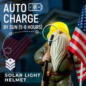 Redwix helmet-light gnome illuminates garden at night with solar power.