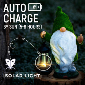 Redwix outdoor gnome with green moss flocking adds textured charm to gardens.