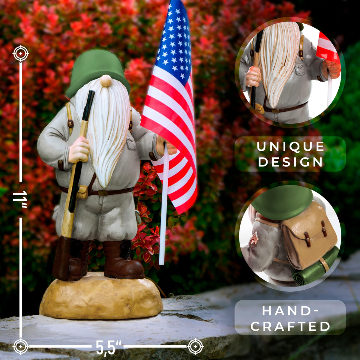 Redwix outdoor indoor gnome with flag decor, weatherproof resin for year-round display.