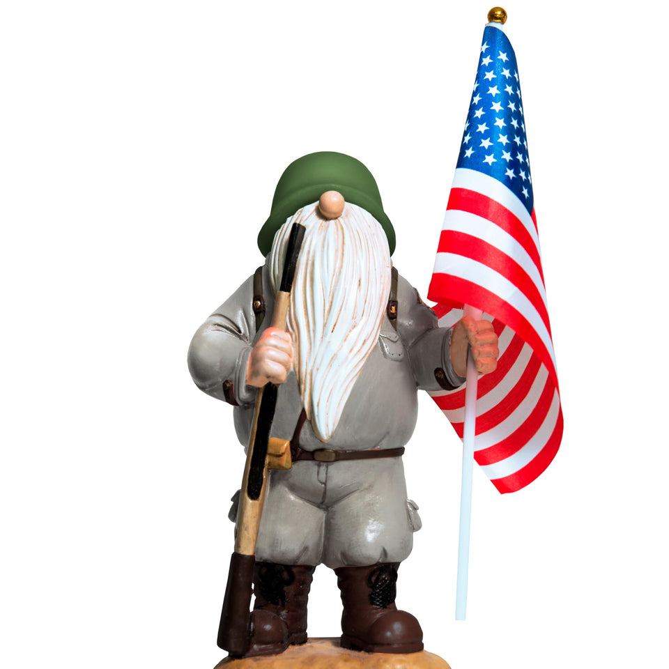 Redwix patriotic solar garden gnome armed with flag, durable outdoor statue.