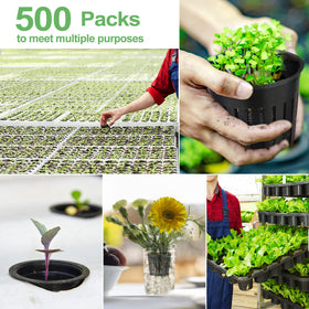 Reeooue versatile net cups for indoor-outdoor hydroponic and garden setups.