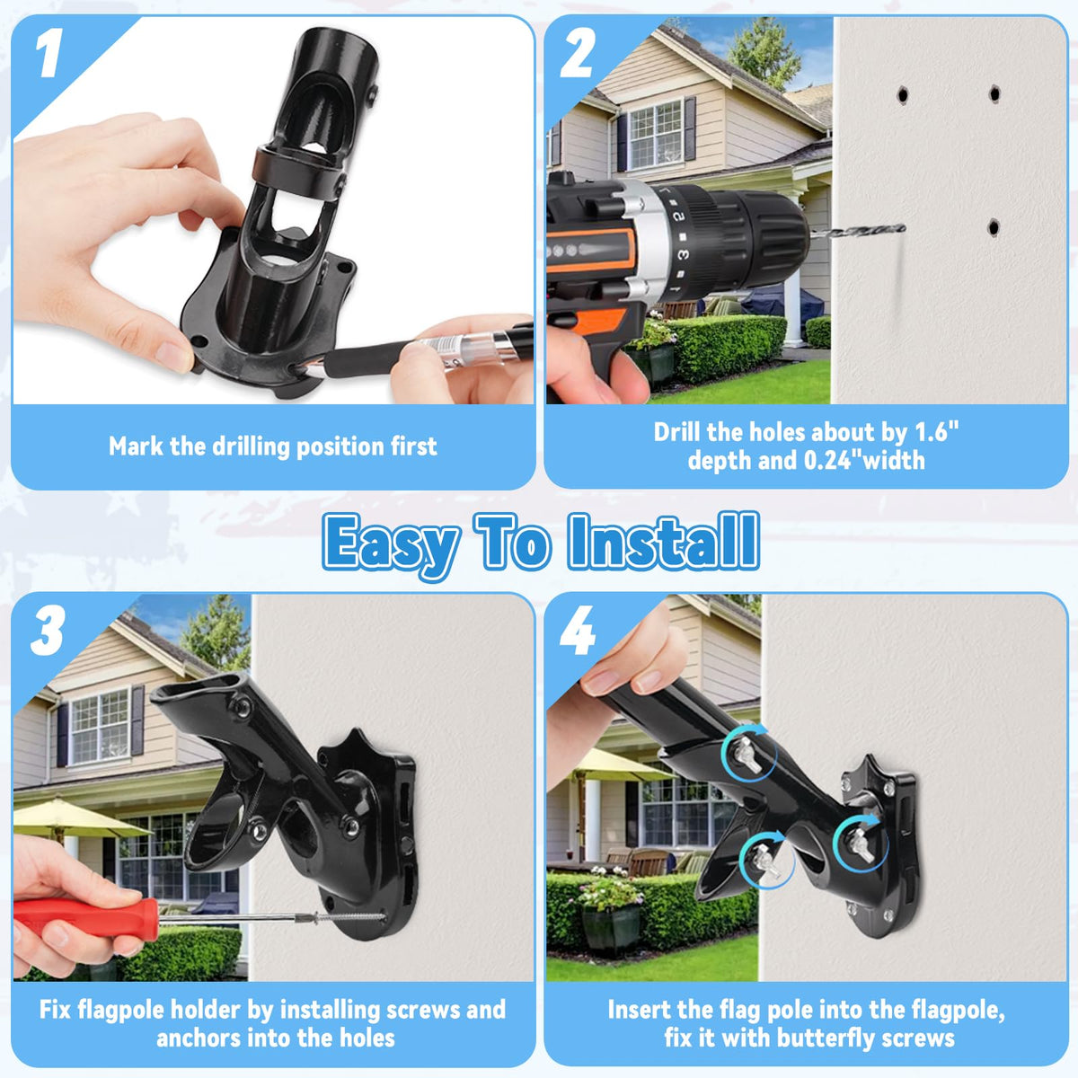 Outdoor-friendly mounting for porches, fences, walls and patios