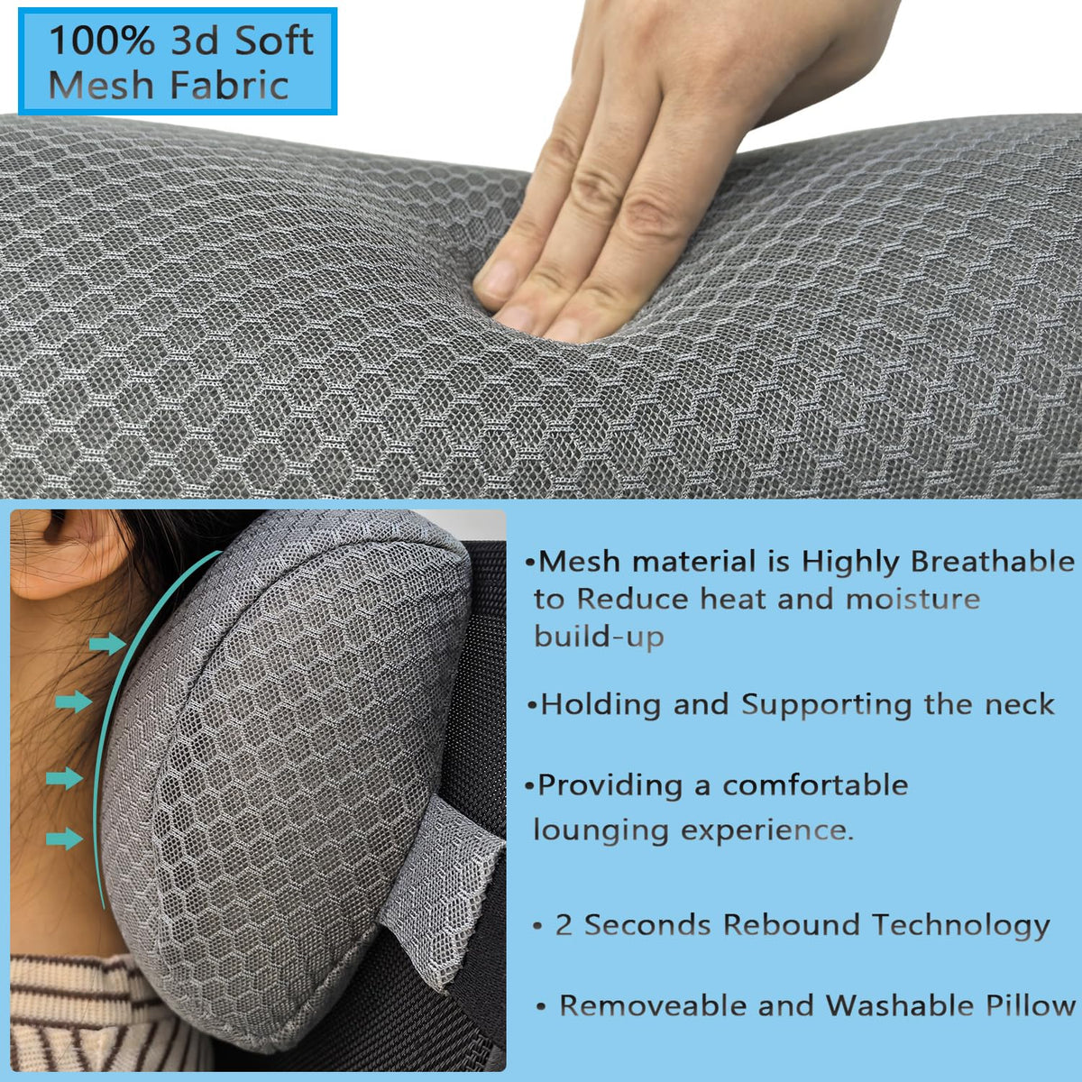 REEZEIVI headrest pillow showing removable cover ready for machine washing