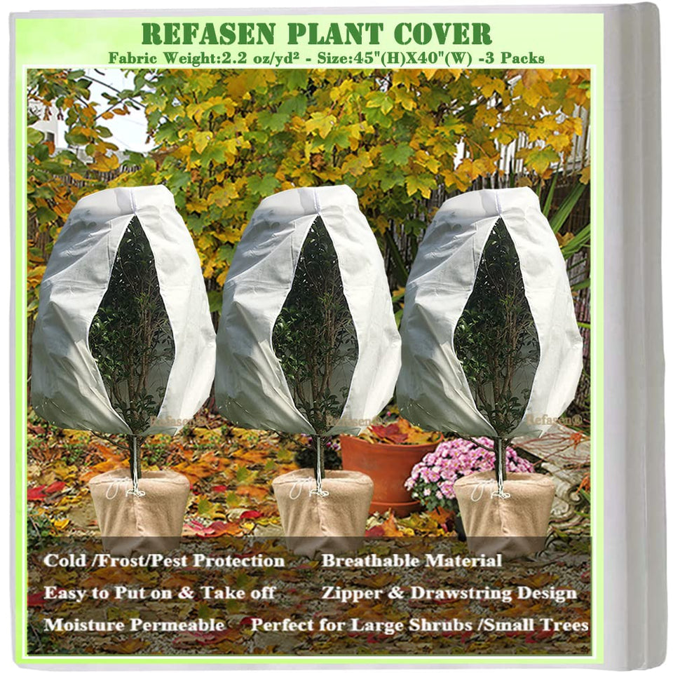 Refasen frost cover draped over a shrub shields from cold temperatures