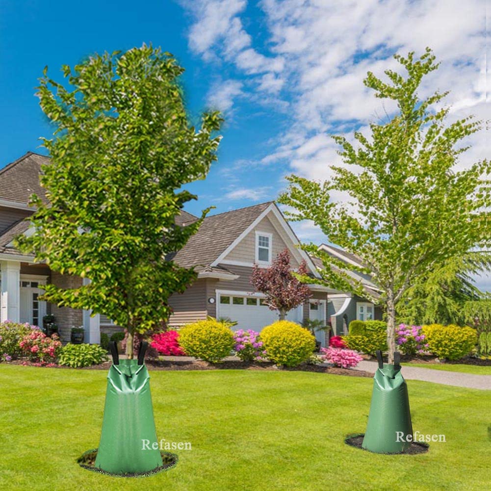 Refasen tree watering bag mounted like a jacket for simple setup.
