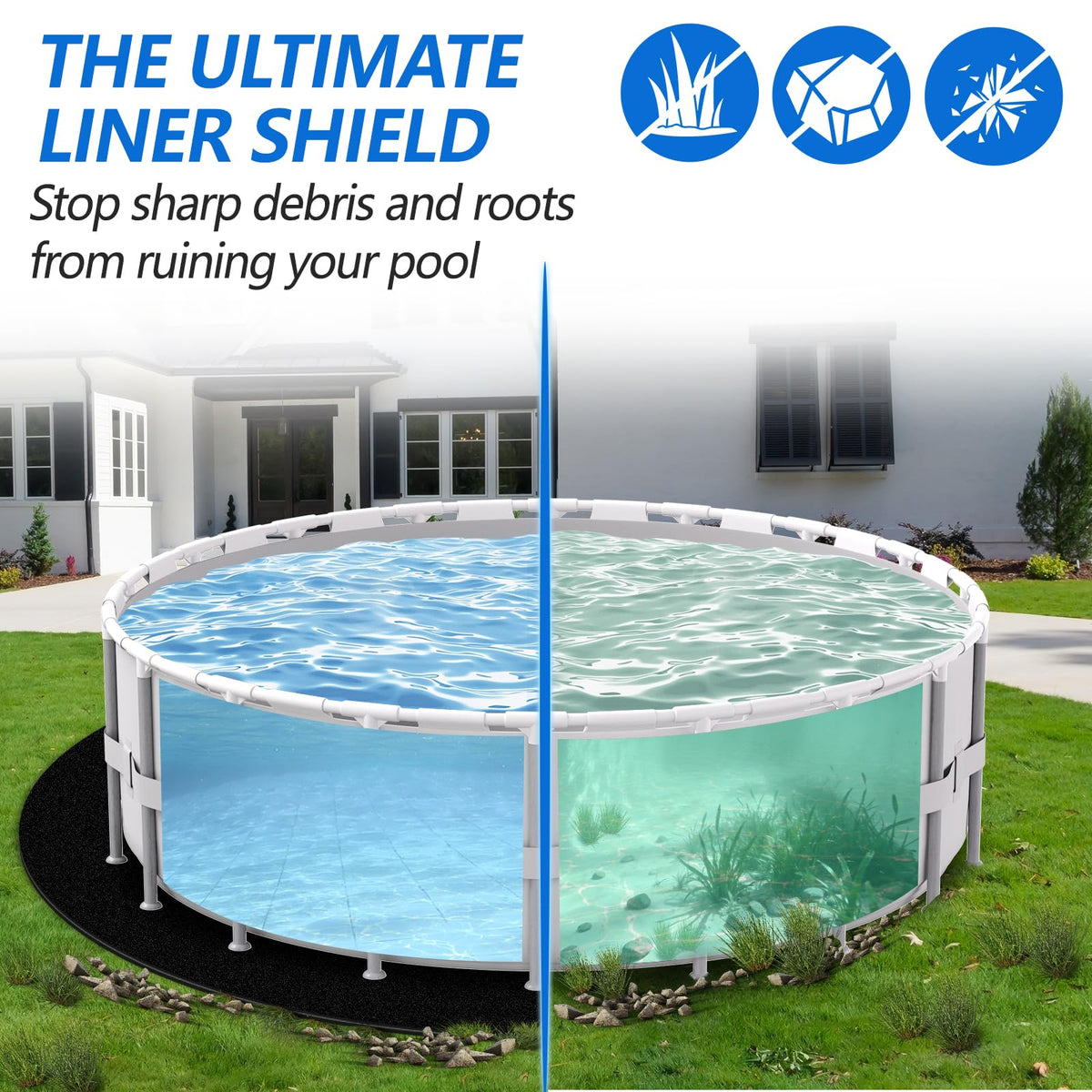 REGMICS blackout shield blocks sunlight under the pool liner for vegetation control.