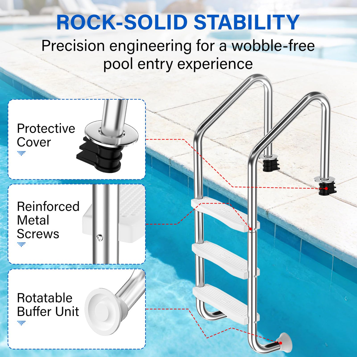 REGMICS pool ladder anti-slip steps ensure secure footing when wet