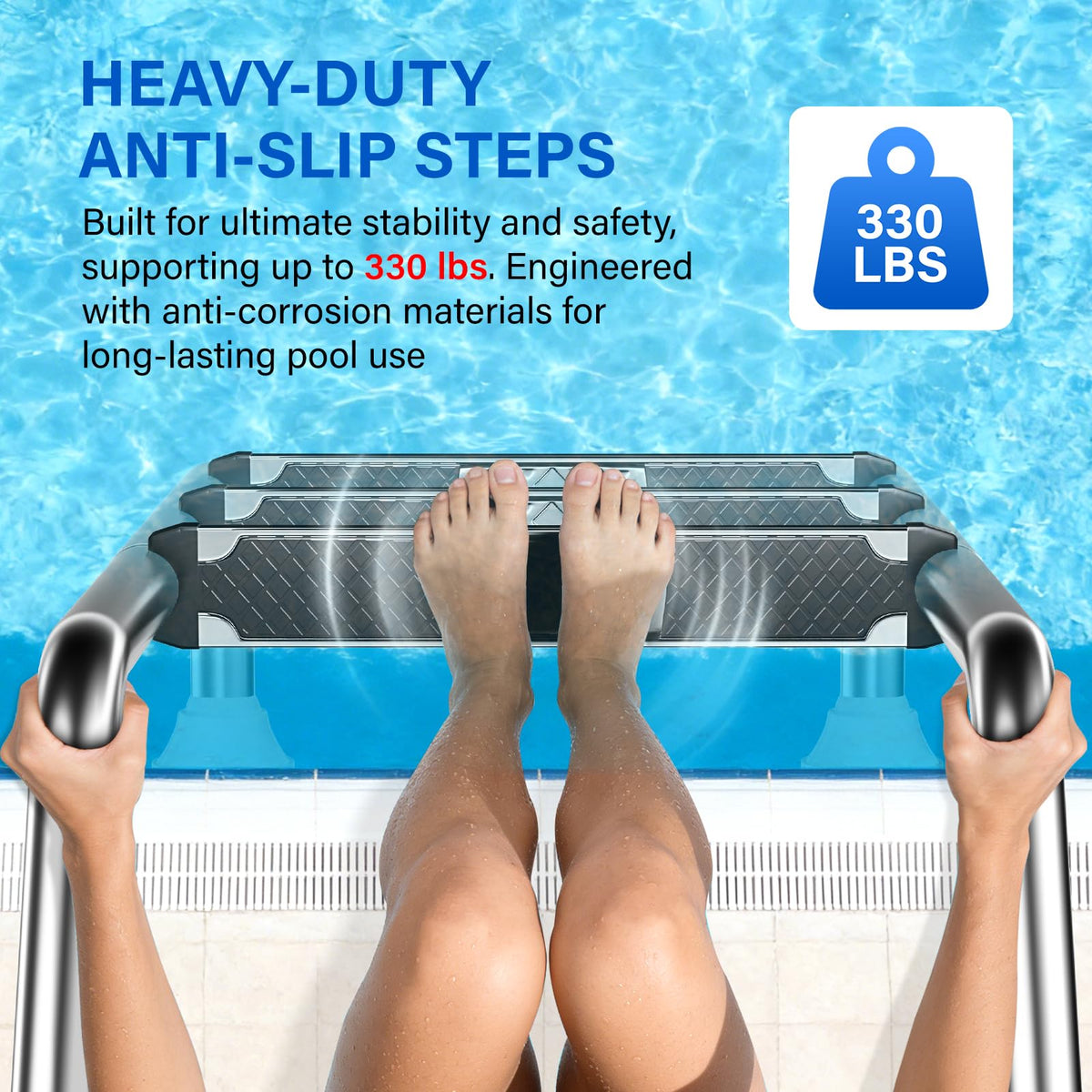 REGMICS 3-step ladder showing rotatable buffer base for pool edge protection