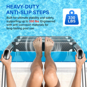 REGMICS 3-step ladder showing rotatable buffer base for pool edge protection