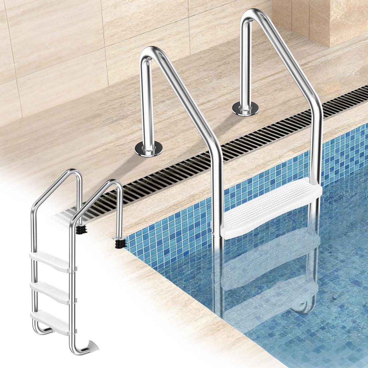 REGMICS 3-step pool ladder provides easy entry for inground pools