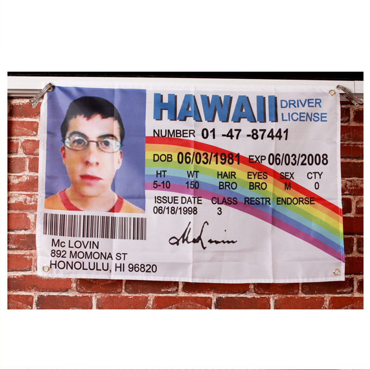 REHITAY McLovin ID flag displayed as bright decor in a bedroom or dorm