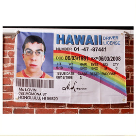 REHITAY McLovin ID flag displayed as bright decor in a bedroom or dorm