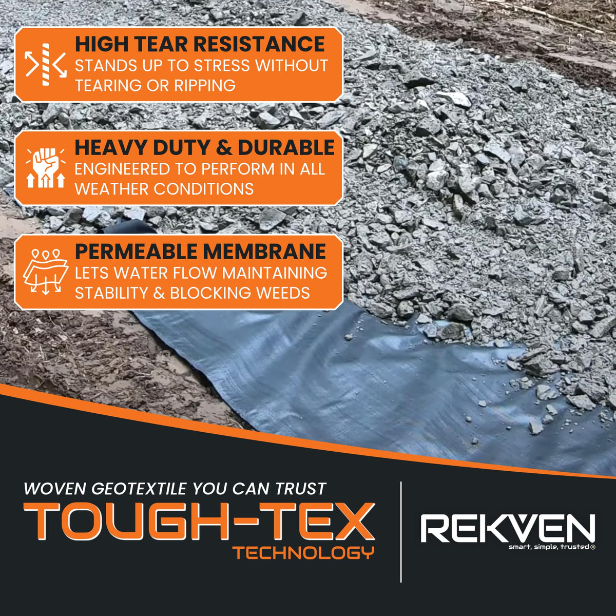 Close-up of REKVEN geotextile fabric showing durable weave for soil separation