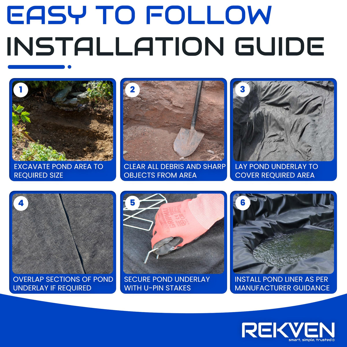 REKVEN wide underlayment promotes even water distribution across the pond.