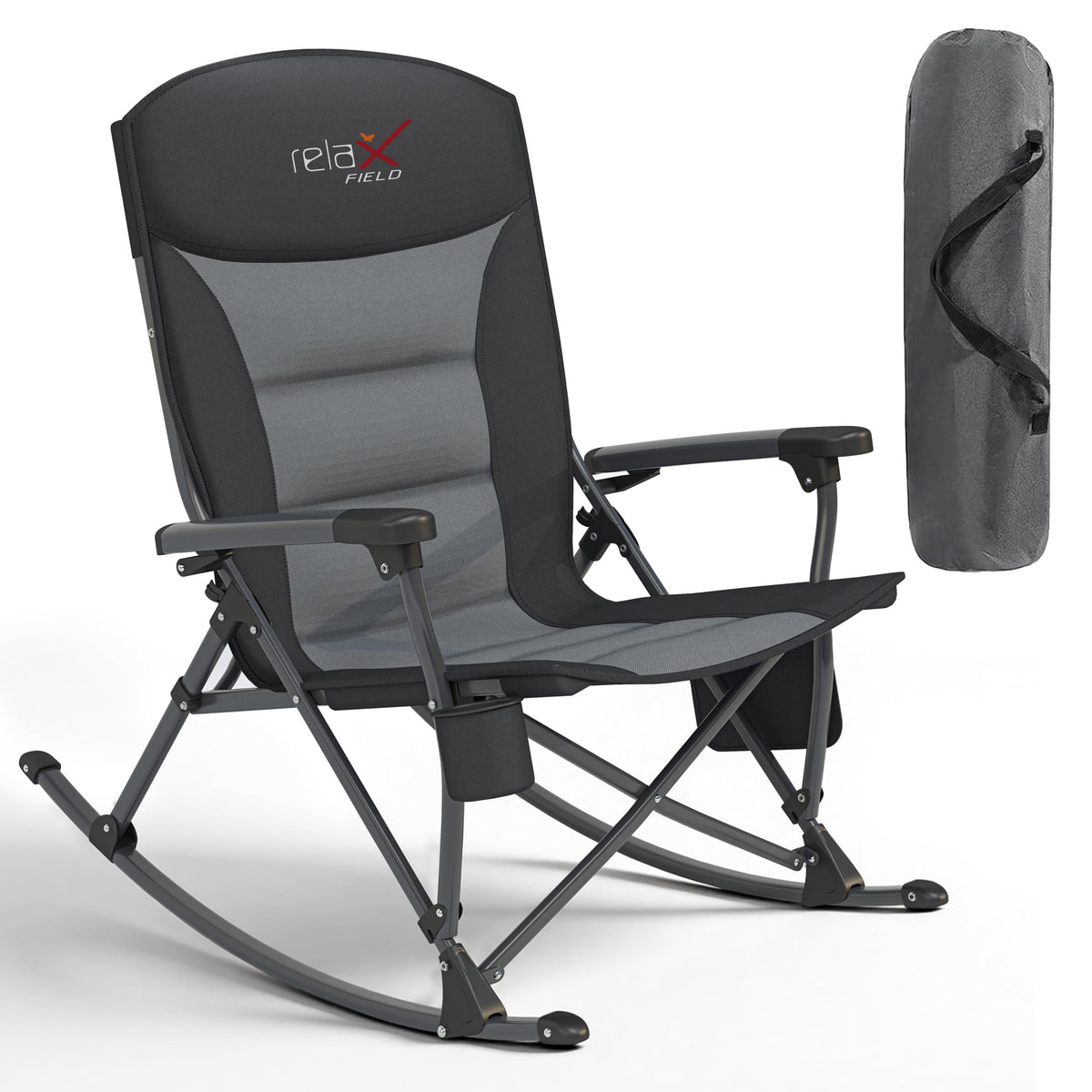 RELAX FIELD rocking camping chair with cup holder at the campsite.