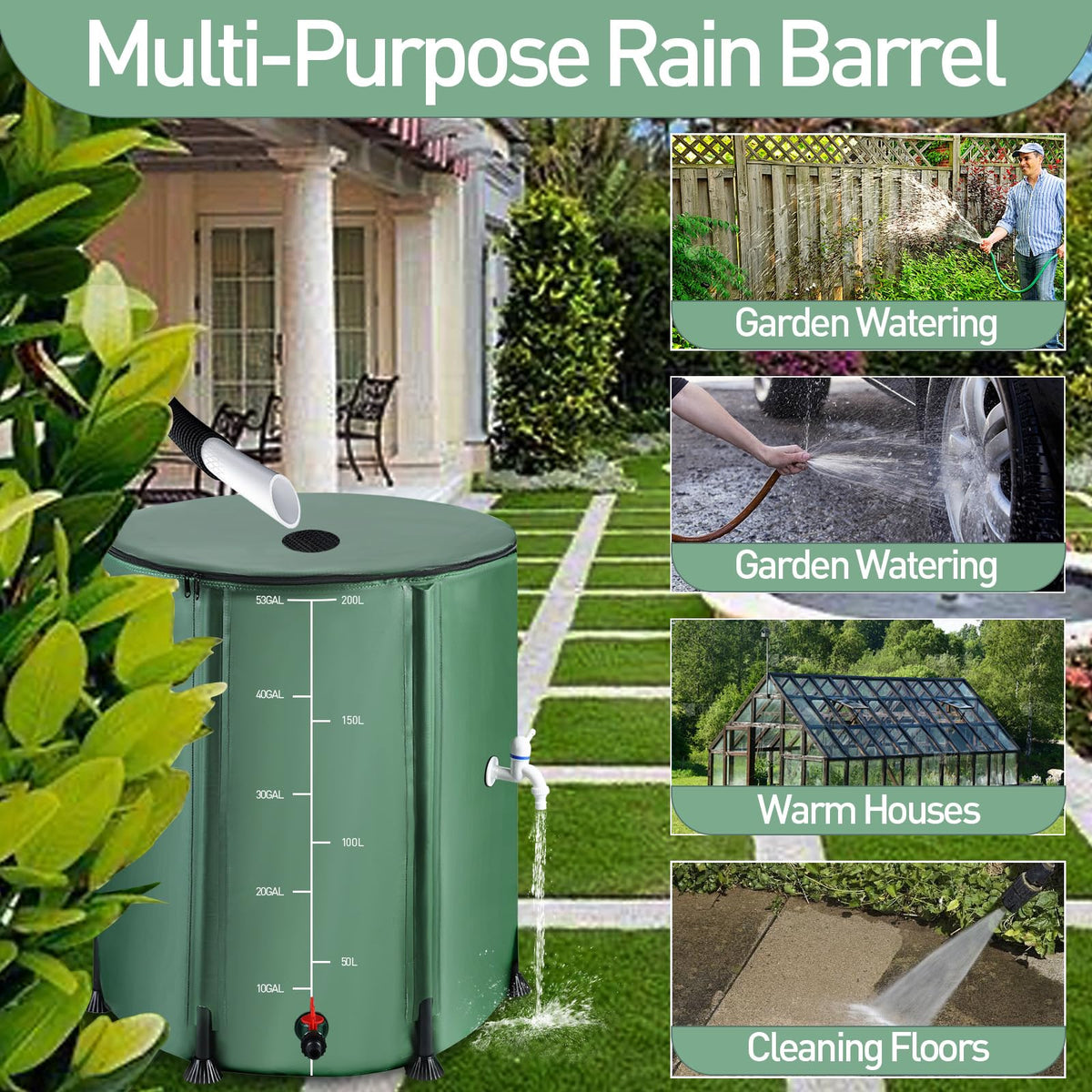 RELEDESA foldable rain catcher stored compactly in a garage for off-season storage