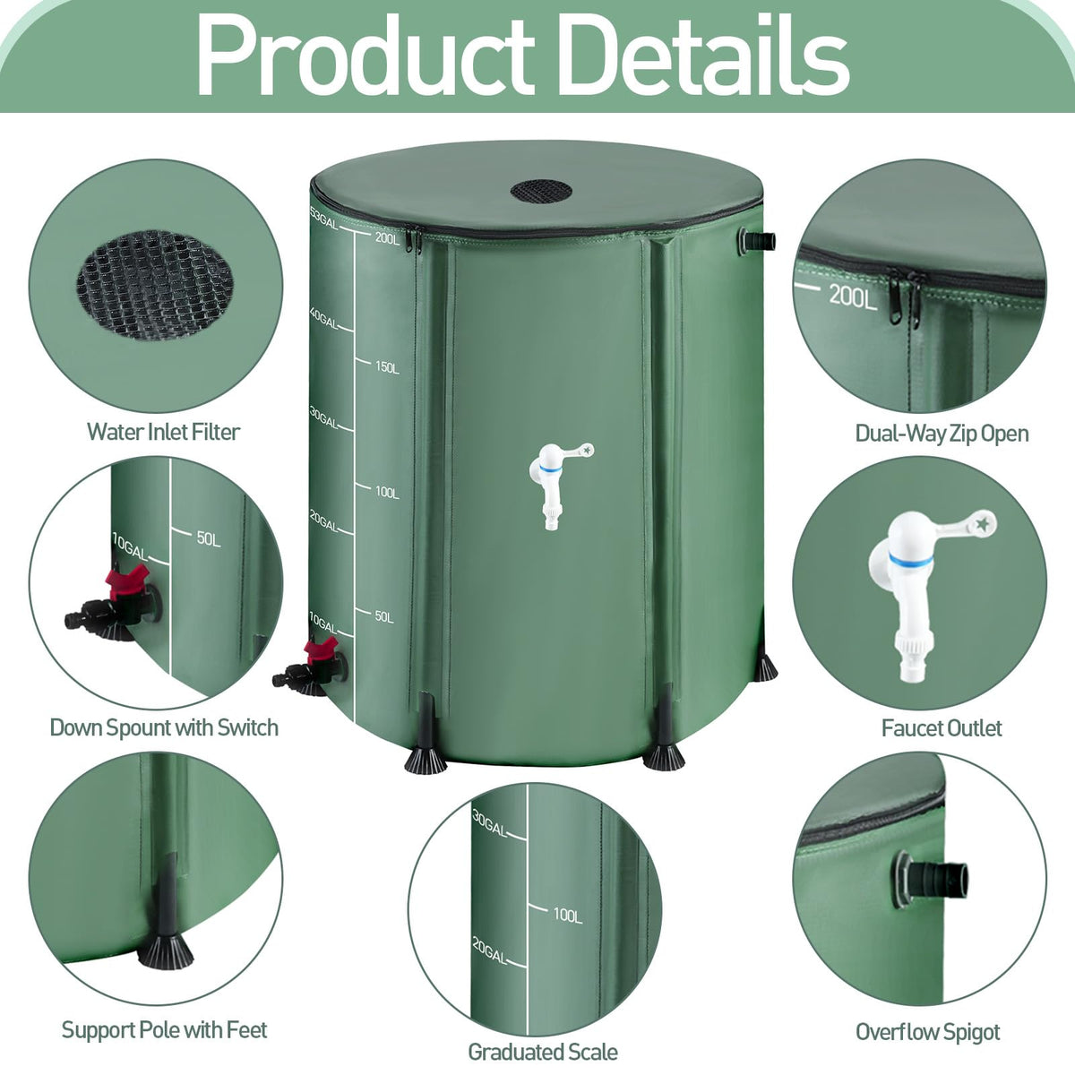 RELEDESA rain barrel with spigot and dual overflow for efficient watering