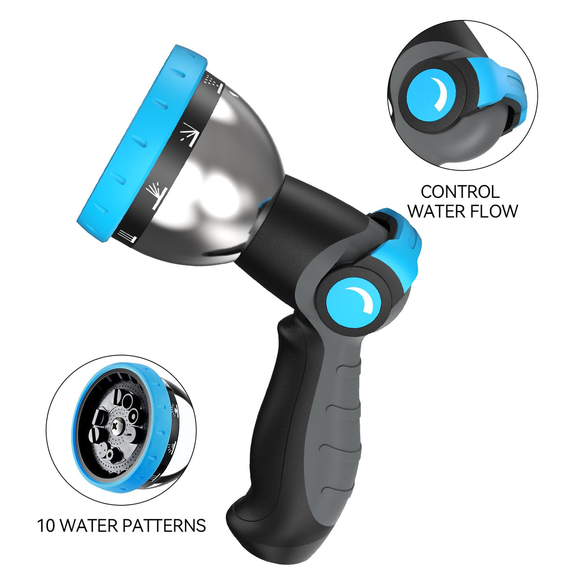 Relhost nozzle showing 10 spray patterns for versatile watering.