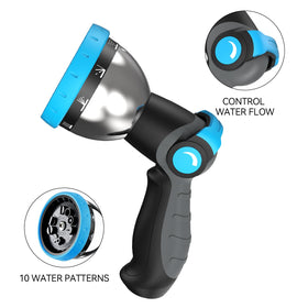 Relhost nozzle showing 10 spray patterns for versatile watering.