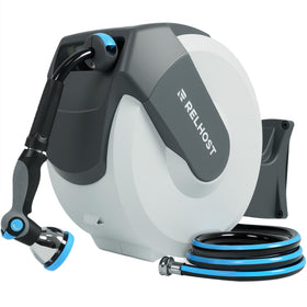 Relhost retractable hose reel with wall-mount for easy outdoor watering.