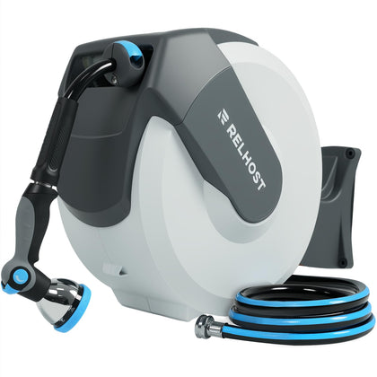 Relhost retractable hose reel with wall-mount for easy outdoor watering.