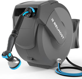Relhost retractable hose reel on wall mount enables effortless yard watering with full coverage.